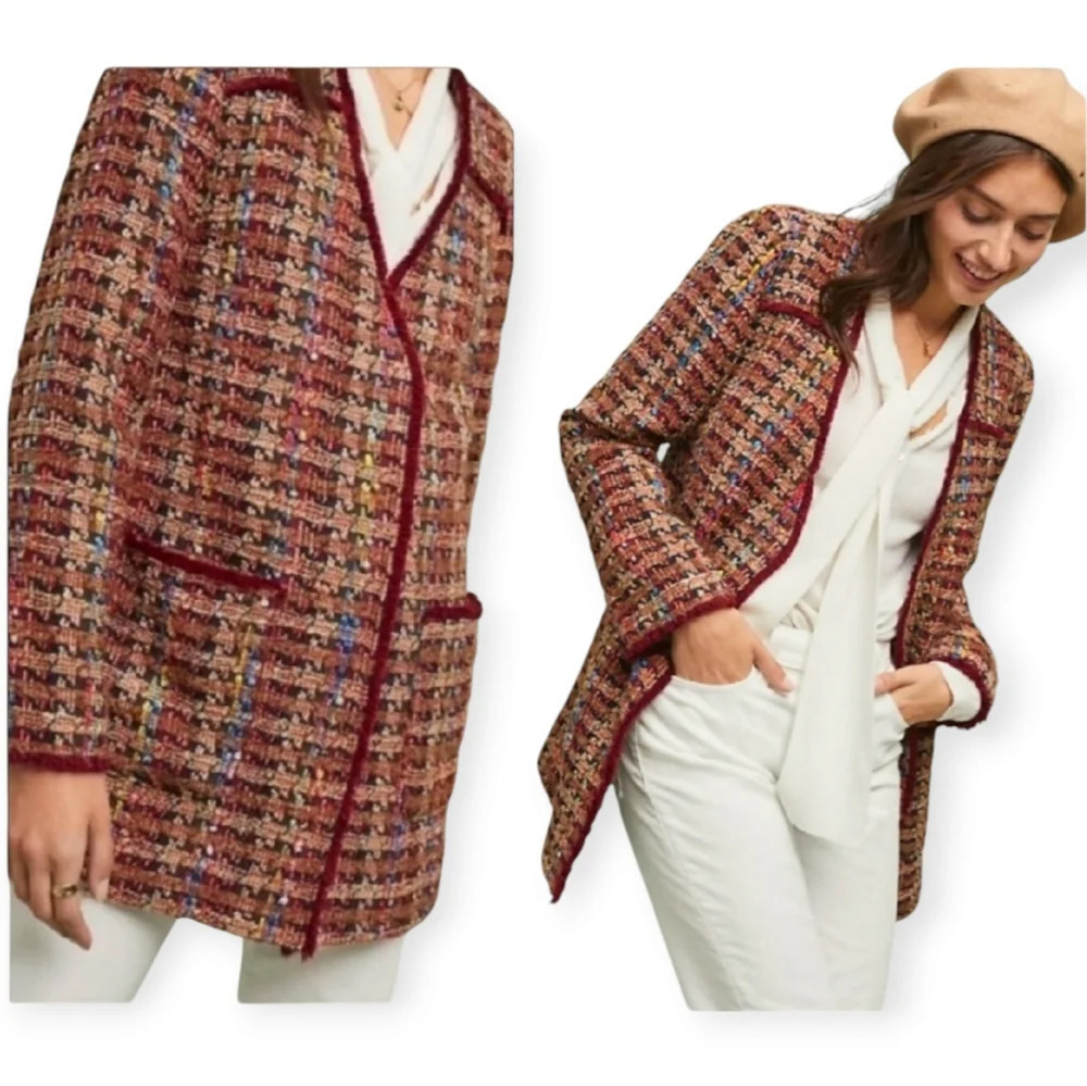 Anthropologie ett:twa Harlequin Boyfriend Fit Tweed Plaid Longline Jacket Small
